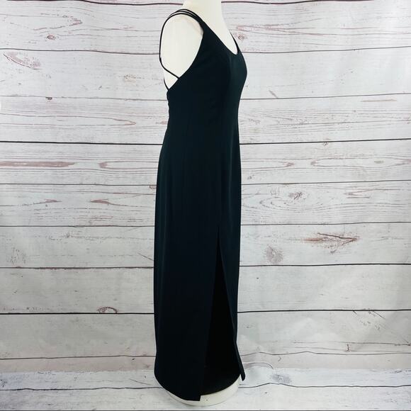 Cache vintage long black dress crisscross back silk front slit - Picture 8 of 13